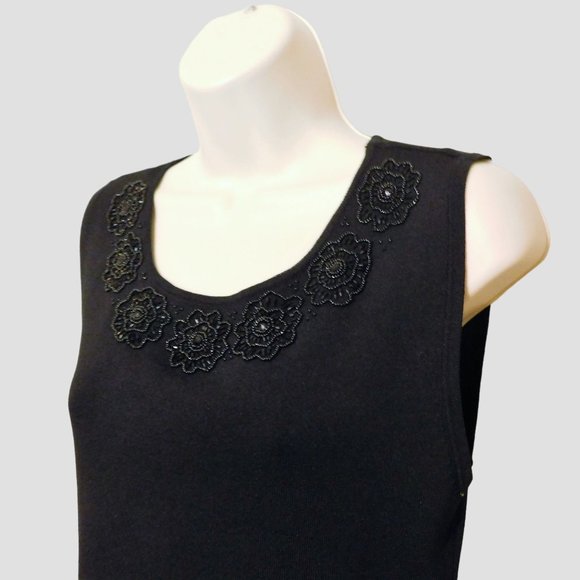 Finity Sweater Top L Black Beaded Floral Sleeveless Scoop Neck Rayon Blend - Picture 2 of 6
